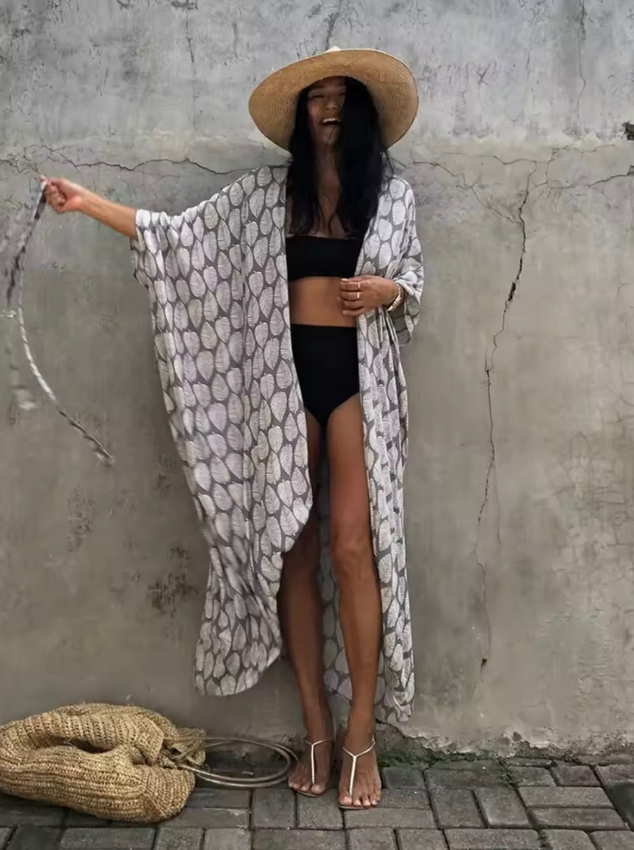 Robe Kimono Tie and Dye Manches Mi-longues Sable Gris