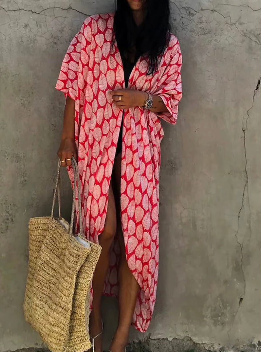 Robe Kimono Tie and Dye Manches Mi-longues Rosé