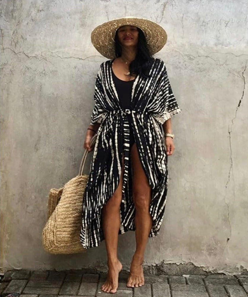 Kimono de plage Noir rayé