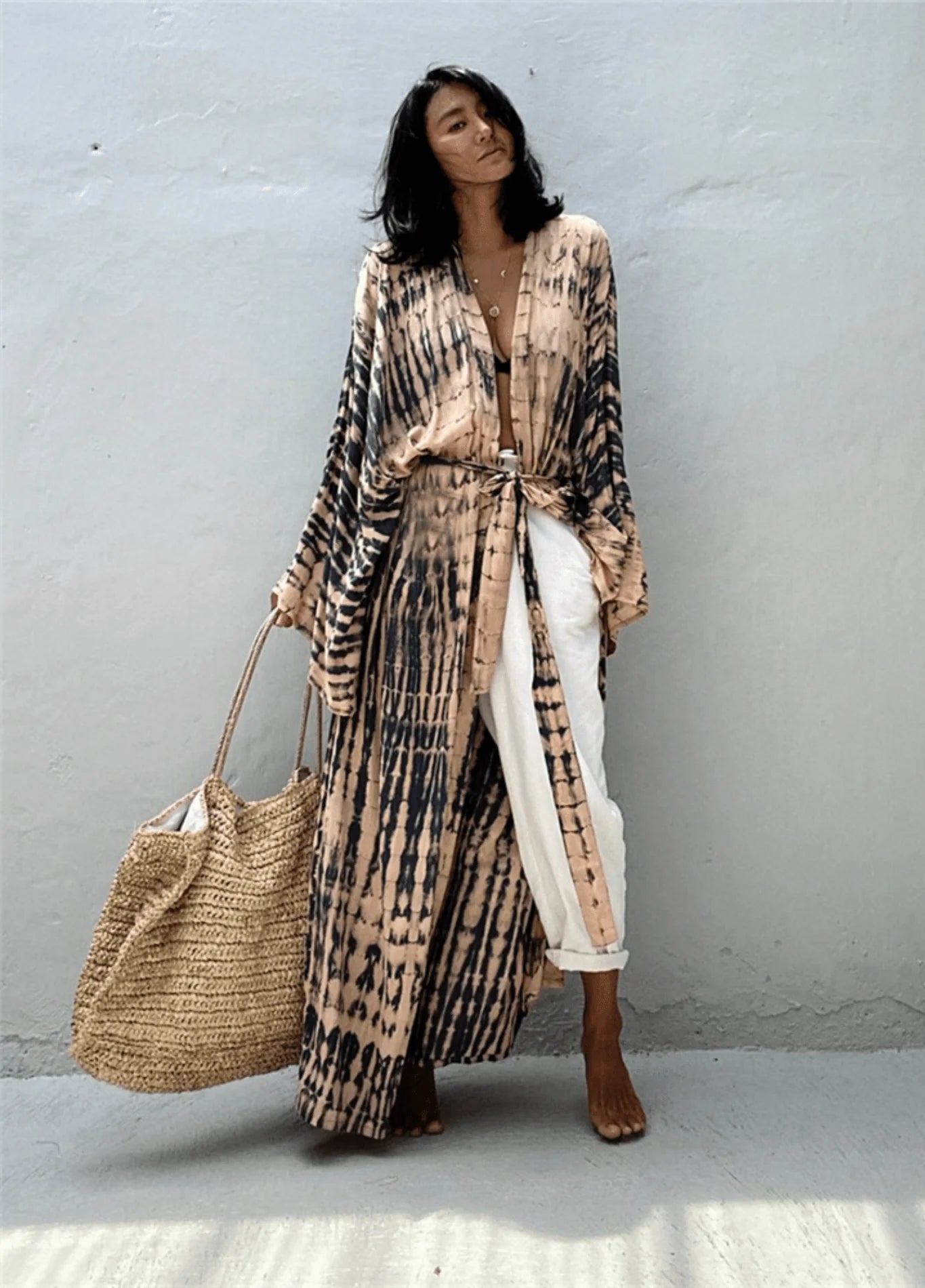 Kimono long mode bikini avec ceinture Beige rayé