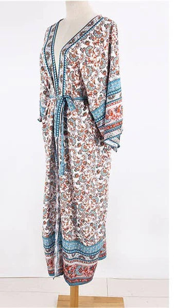 Kimono de plage Tableau Fleuri Bleu