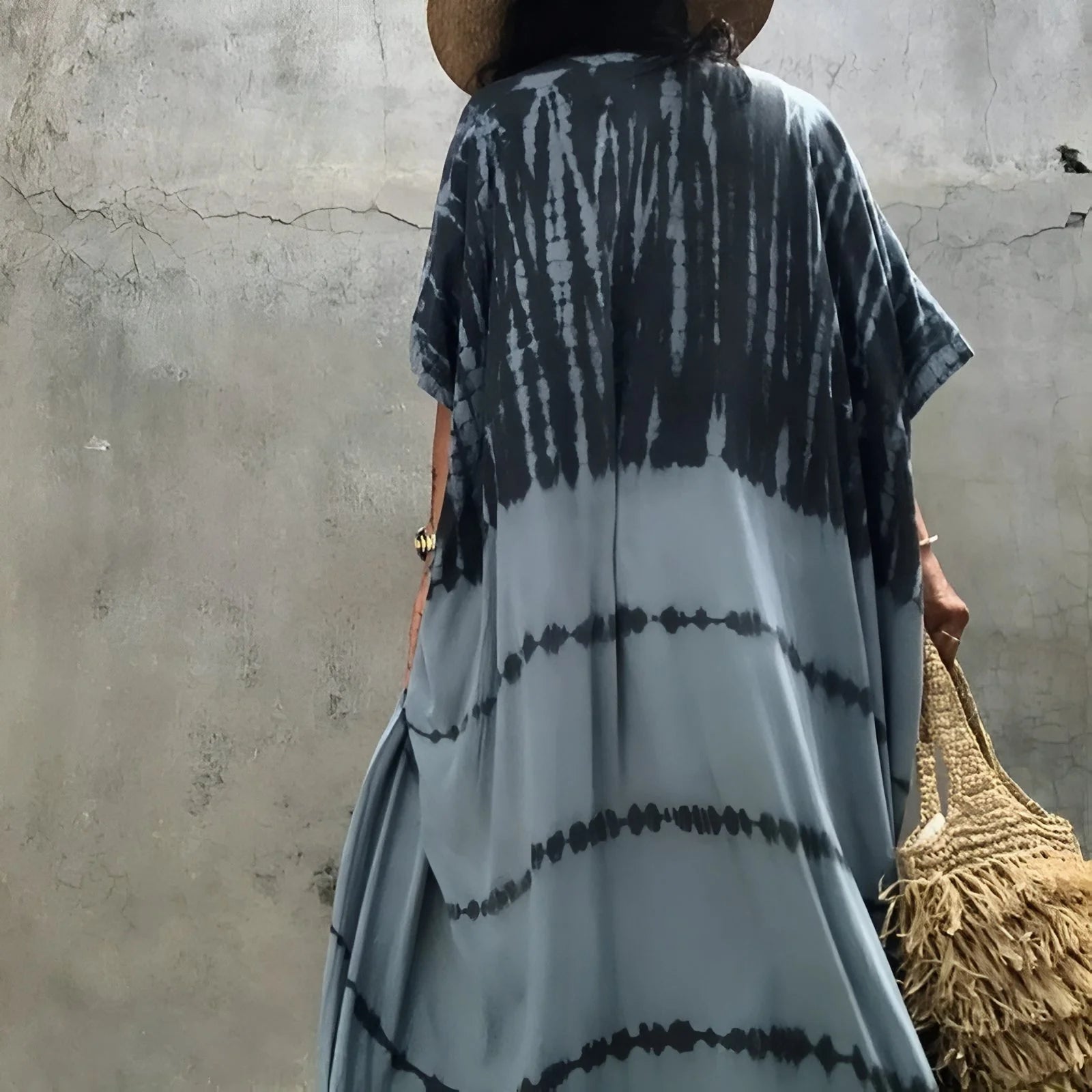 Robe Kimono Tie and Dye Manches Mi-longues Noir grisé