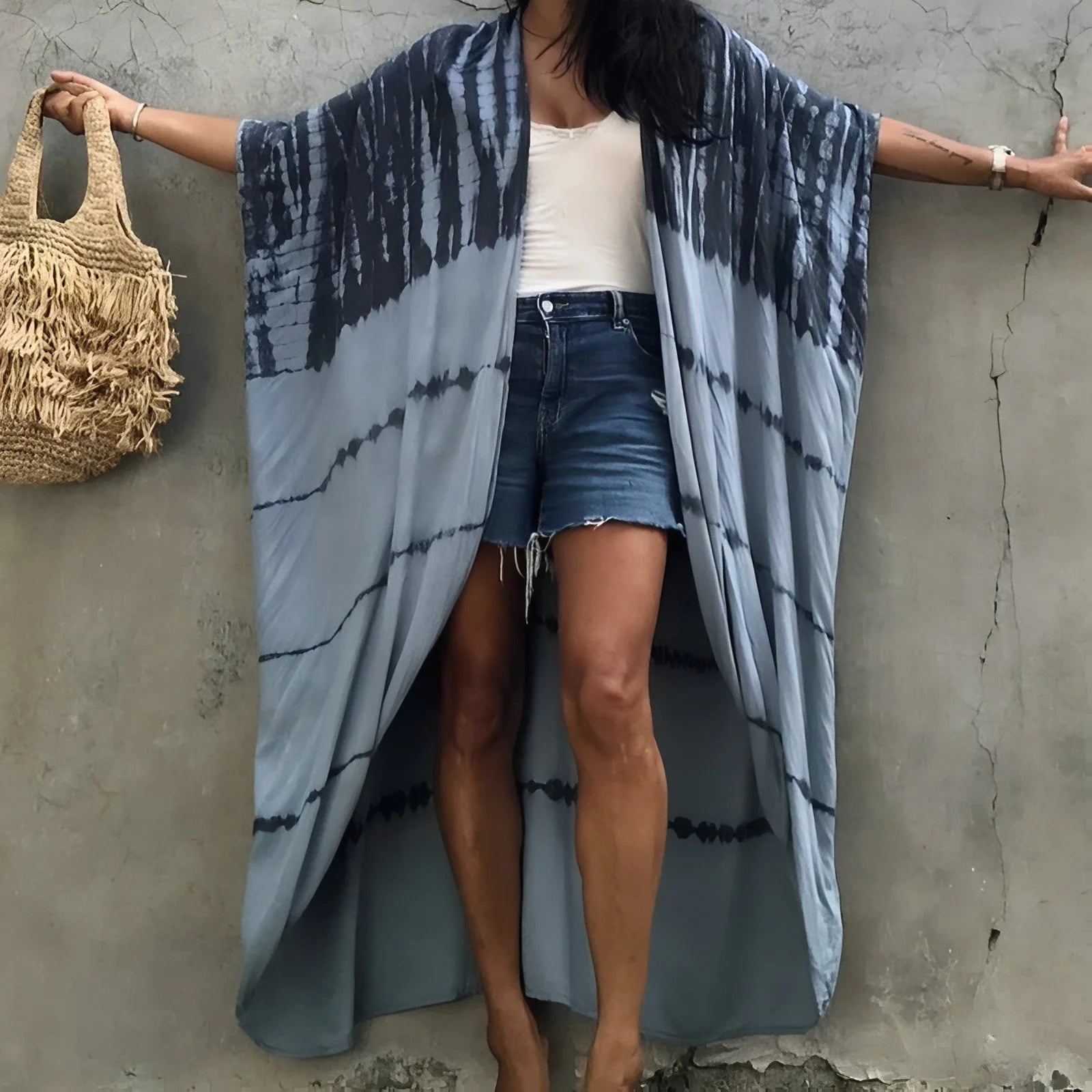 Robe Kimono Tie and Dye Manches Mi-longues Noir grisé