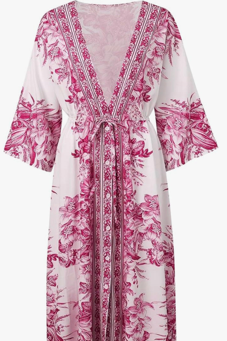 Kimono Robe longue ceinturée | Fleur de cerisier