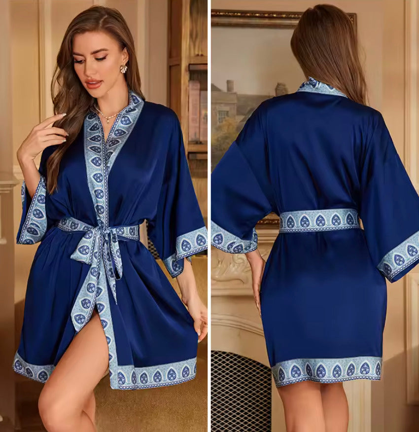 Kimono de nuit en satin Robe Bleu Marine