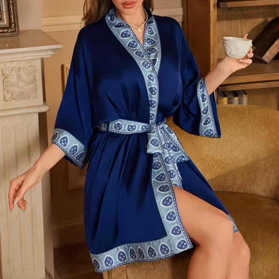 Kimono de nuit en satin Robe Bleu Marine