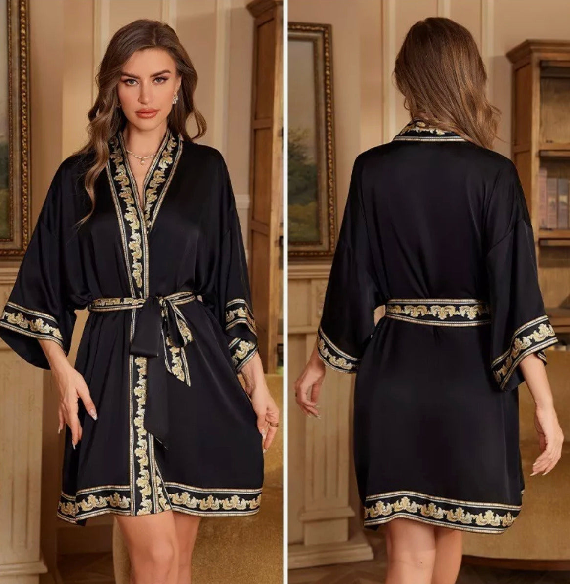 Kimono de nuit en satin Robe Noir