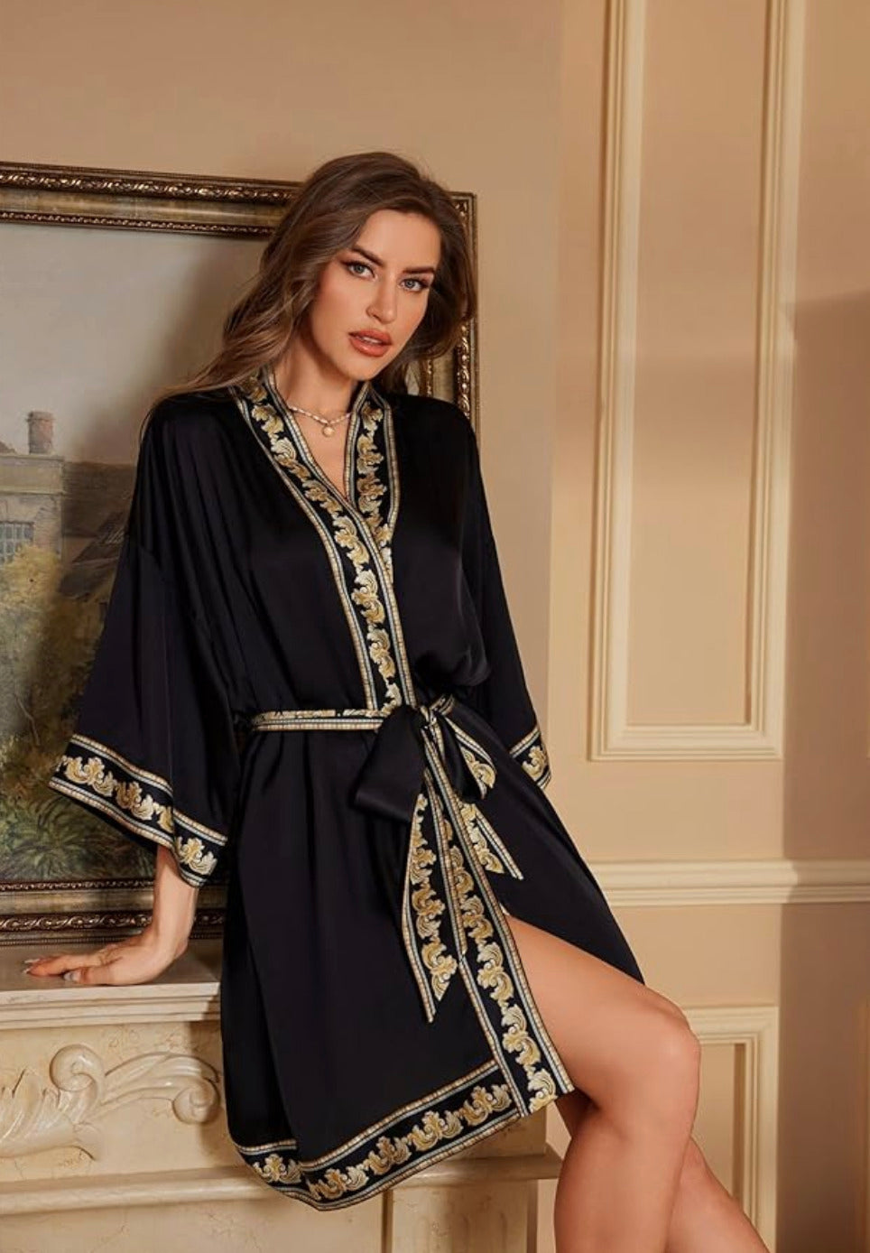 Kimono de nuit en satin Robe Noir