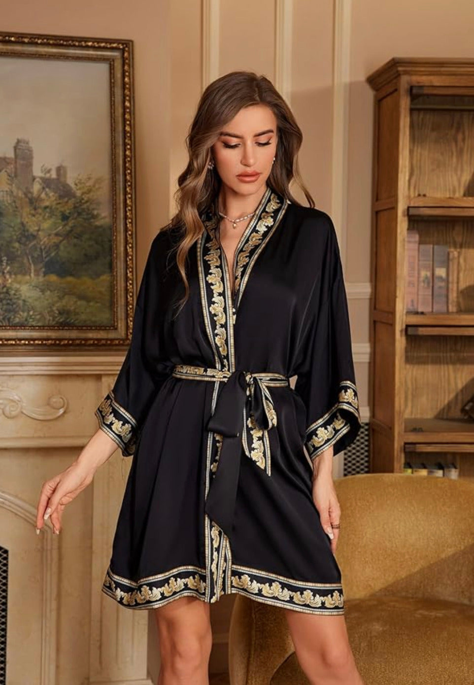 Kimono de nuit en satin Robe Noir