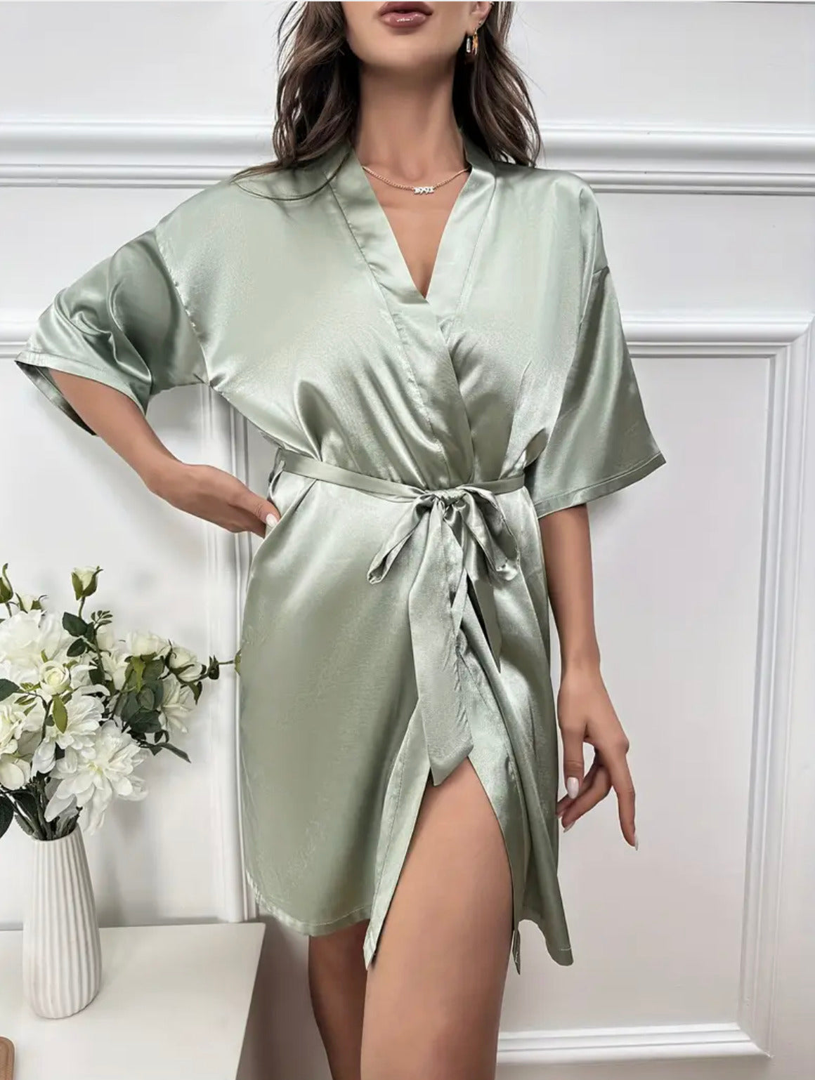 Kimono de nuit en satin Vert Clair