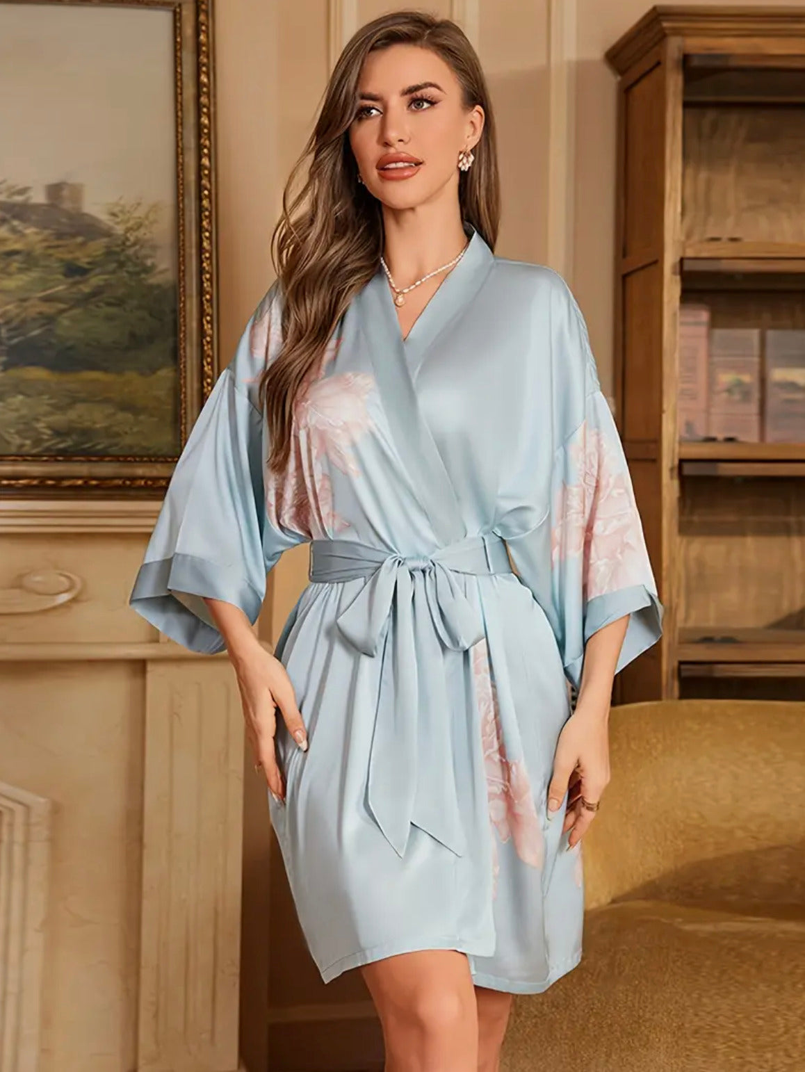 Kimono de nuit en satin Bleu Rosé