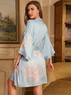 Kimono de nuit en satin Bleu Rosé