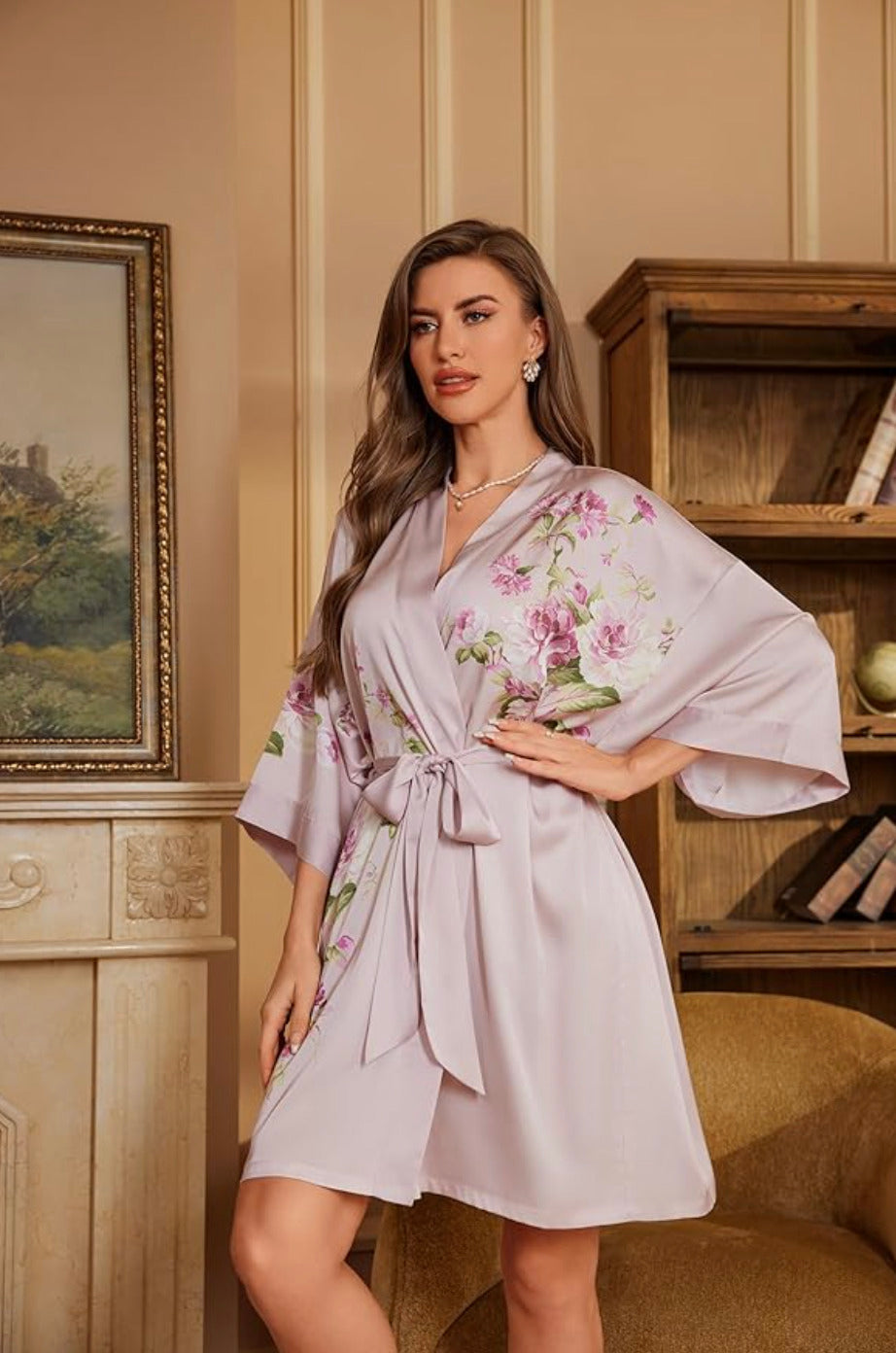 Kimono de nuit en satin Rose Intense