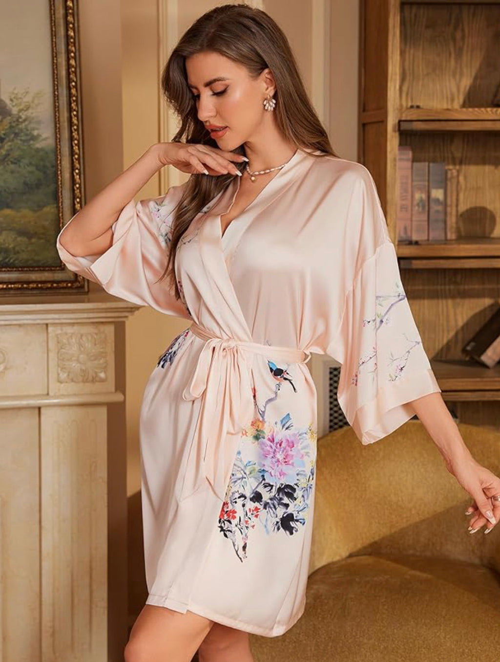 Kimono de nuit en satin Rose Clair Fleuri