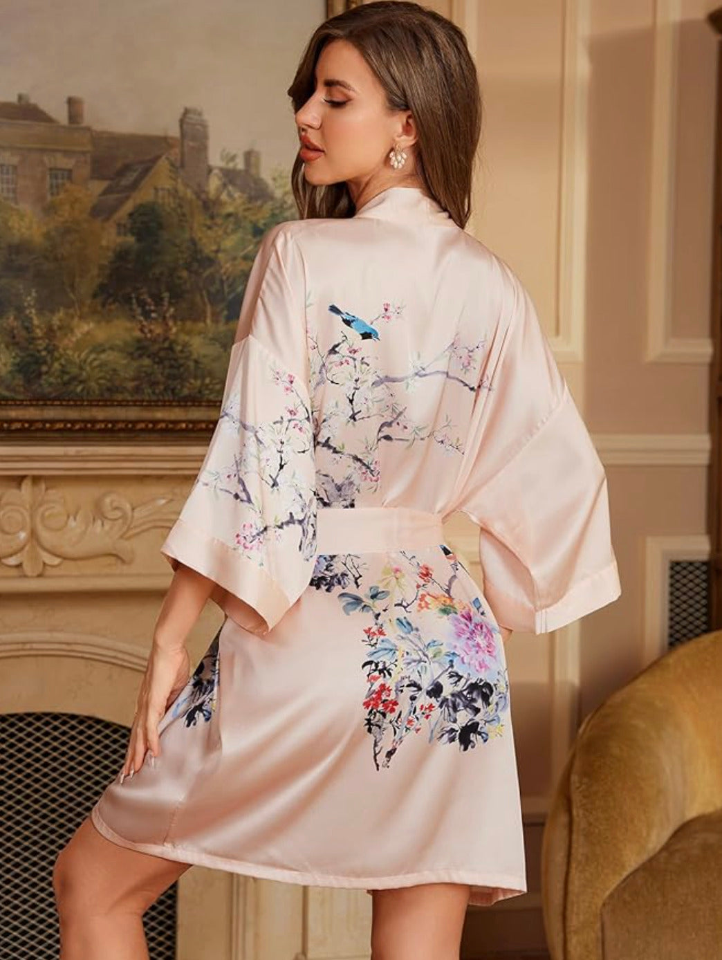 Kimono de nuit en satin Rose Clair Fleuri
