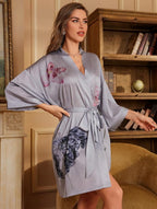 Kimono de nuit en satin Gris Fleuri