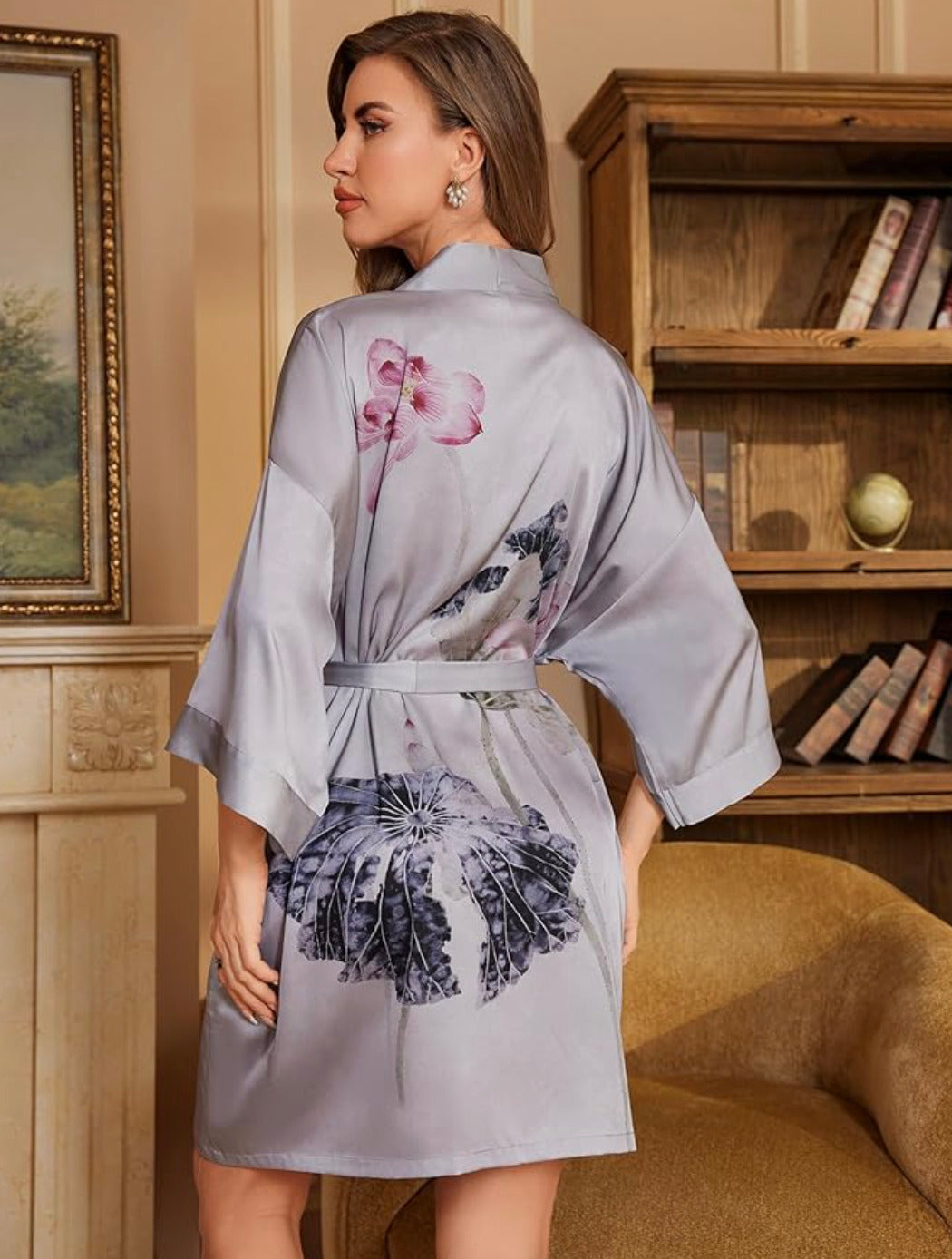 Kimono de nuit en satin Gris Fleuri