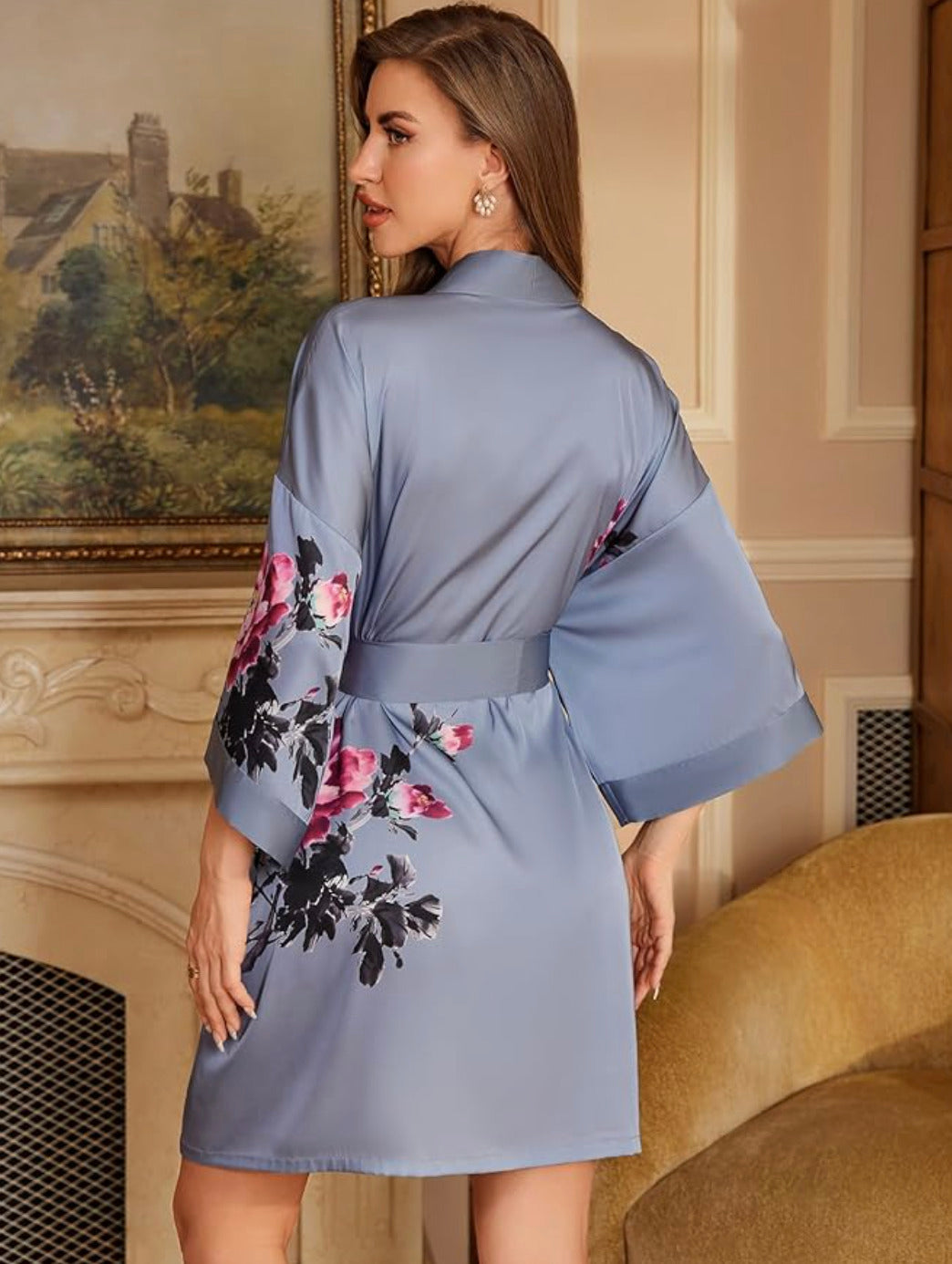 Kimono de nuit en satin Bleu Fleuri