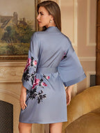 Kimono de nuit en satin Bleu Fleuri