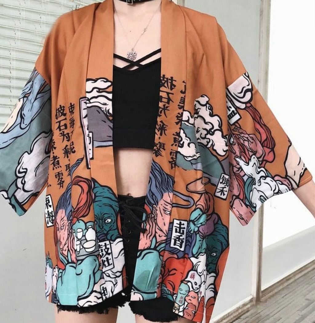 Veste Kimono Japonaise Harajuku Marron
