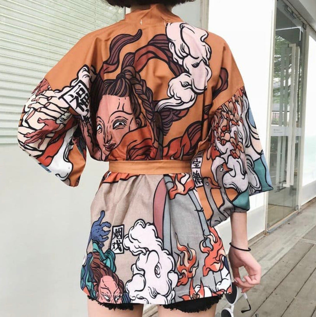 Veste Kimono Japonaise Harajuku Marron