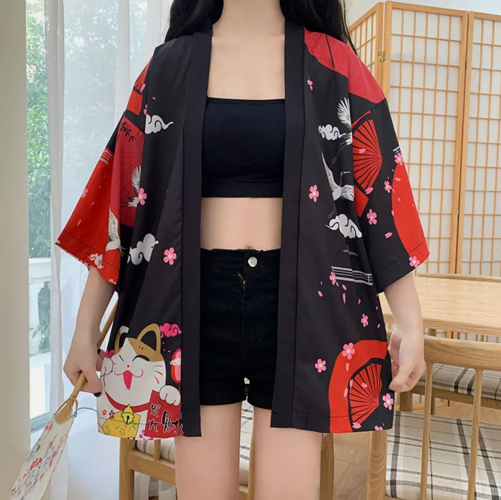 Veste Kimono Japonaise Black Neko