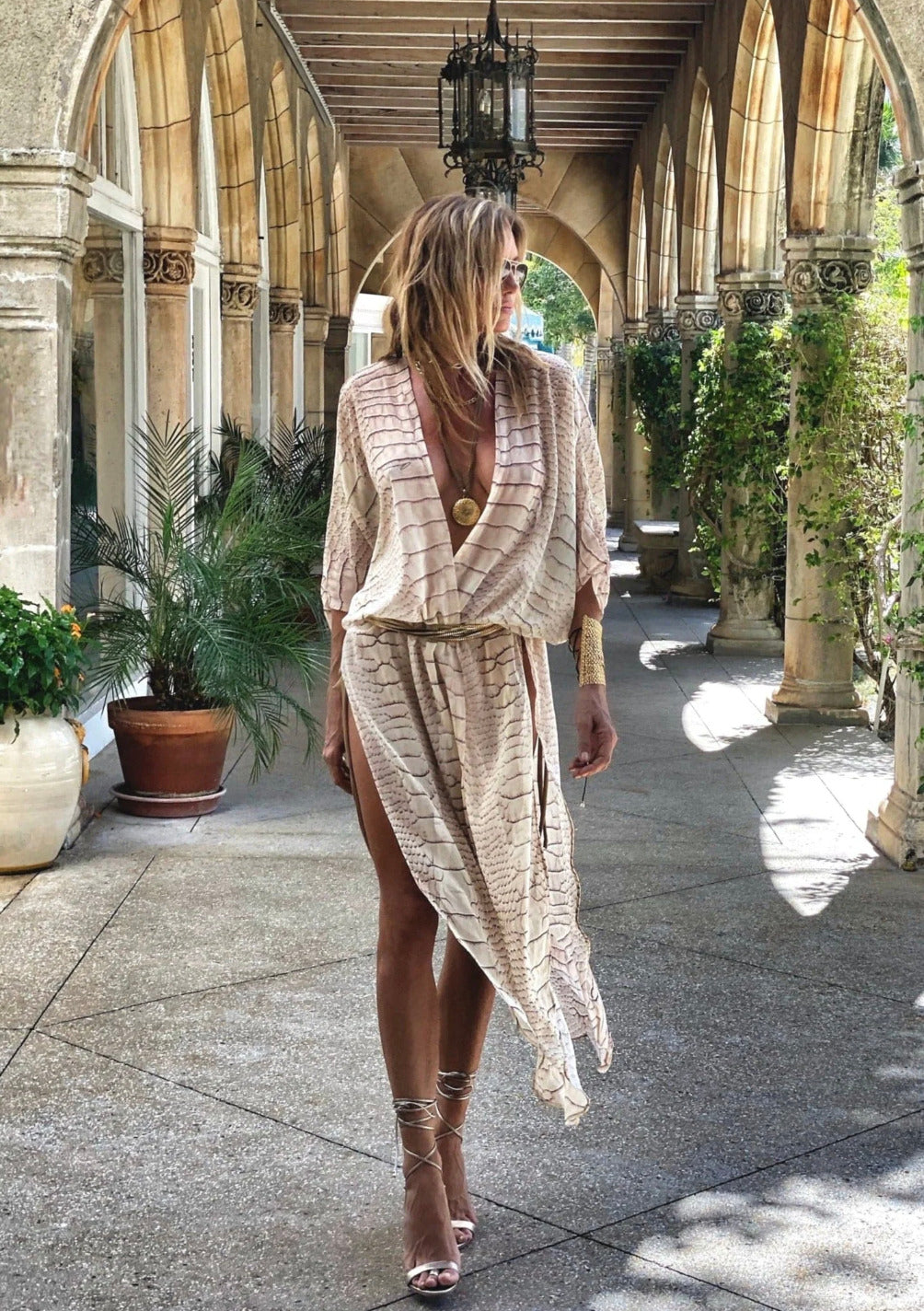 Kimono Robe sexy rayé Beige Premium