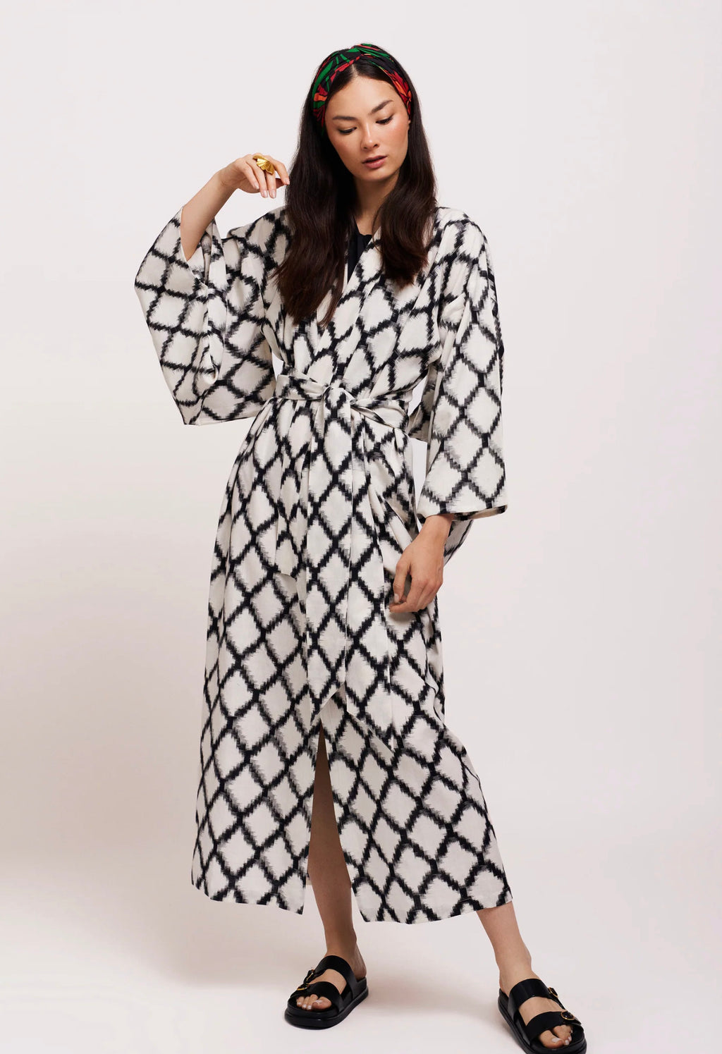 Kimono Robe de Plage Longue Blanc et Noir