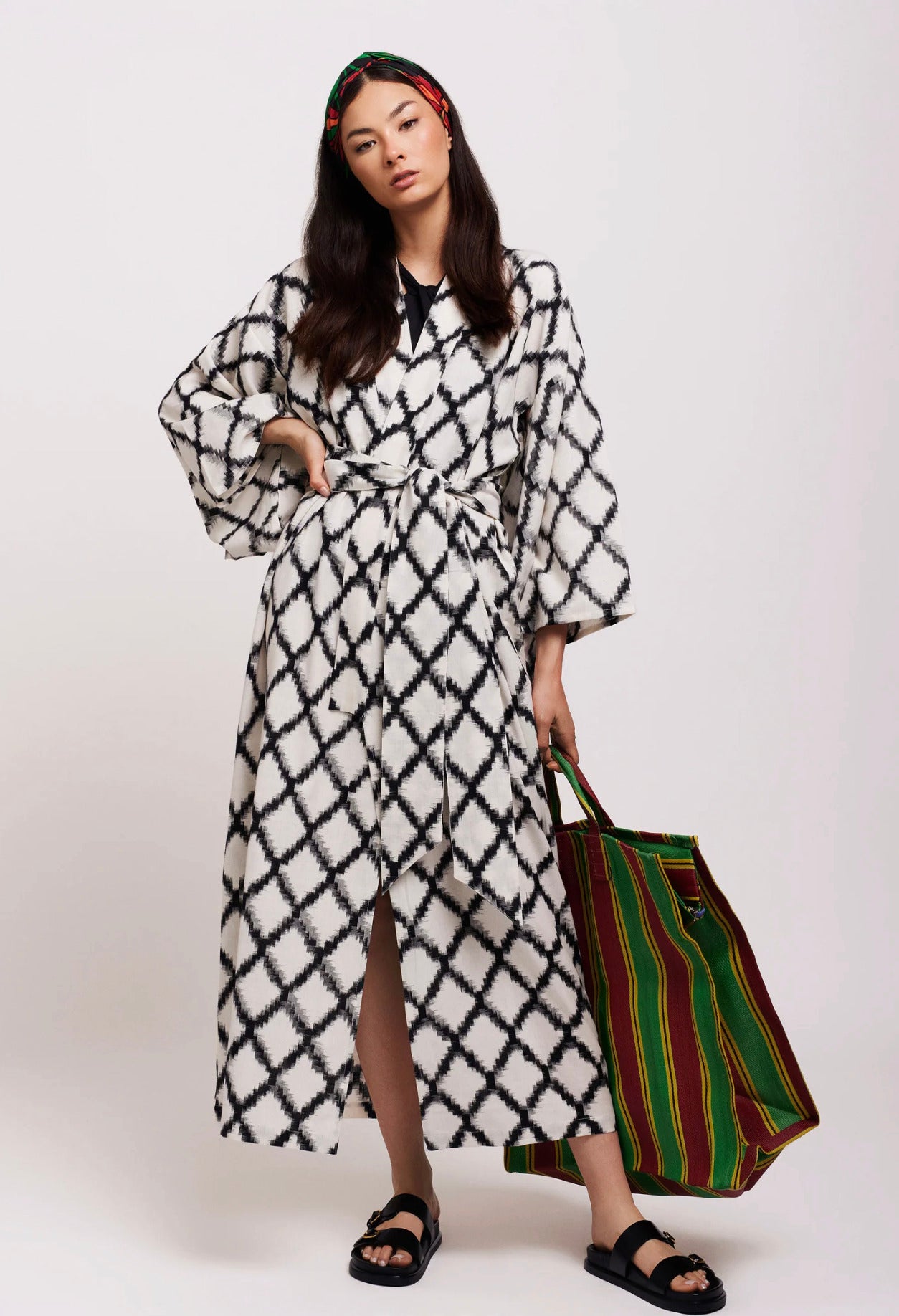 Kimono Robe de Plage Longue Blanc et Noir