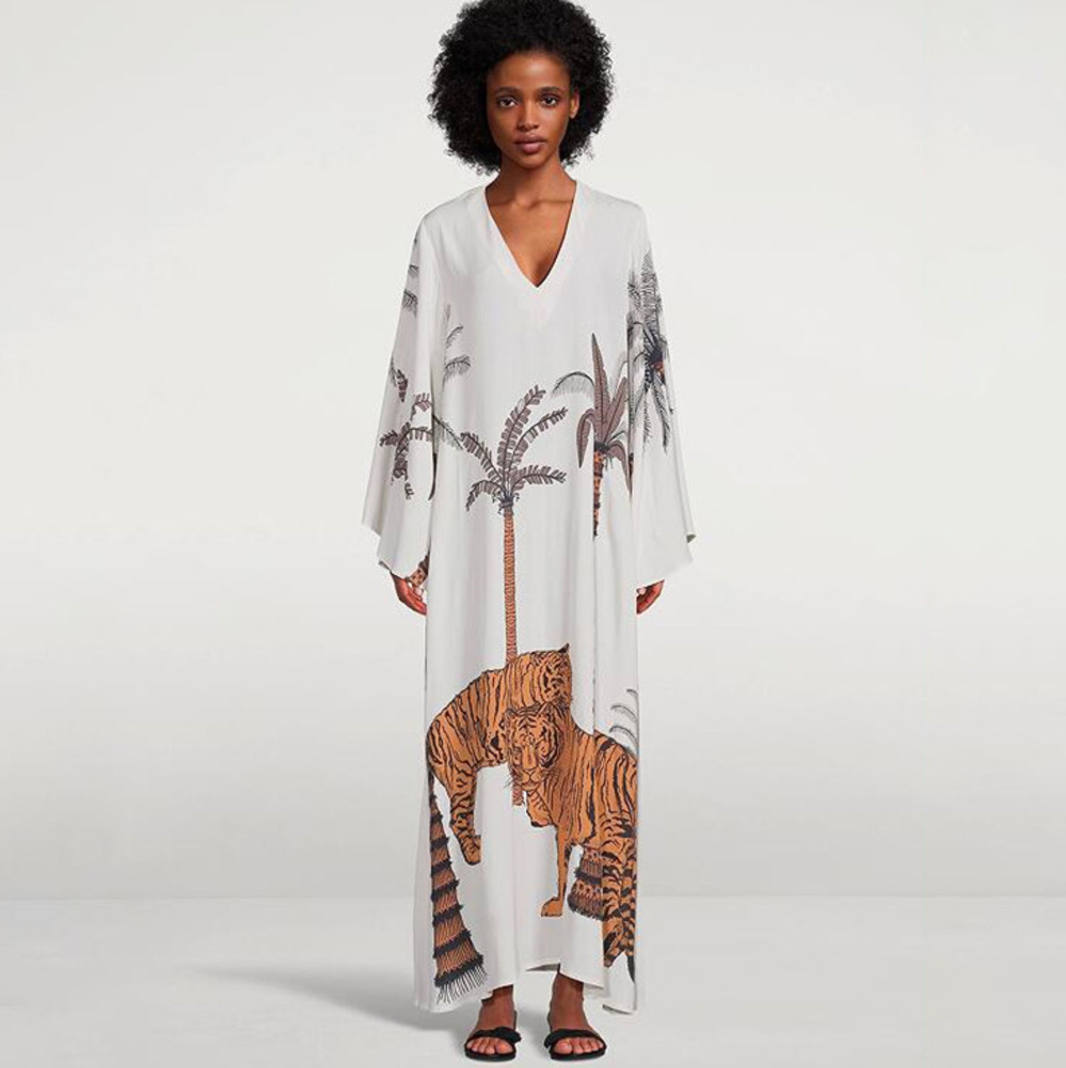 Kimono Robe de Plage Longue Blanc Jungle