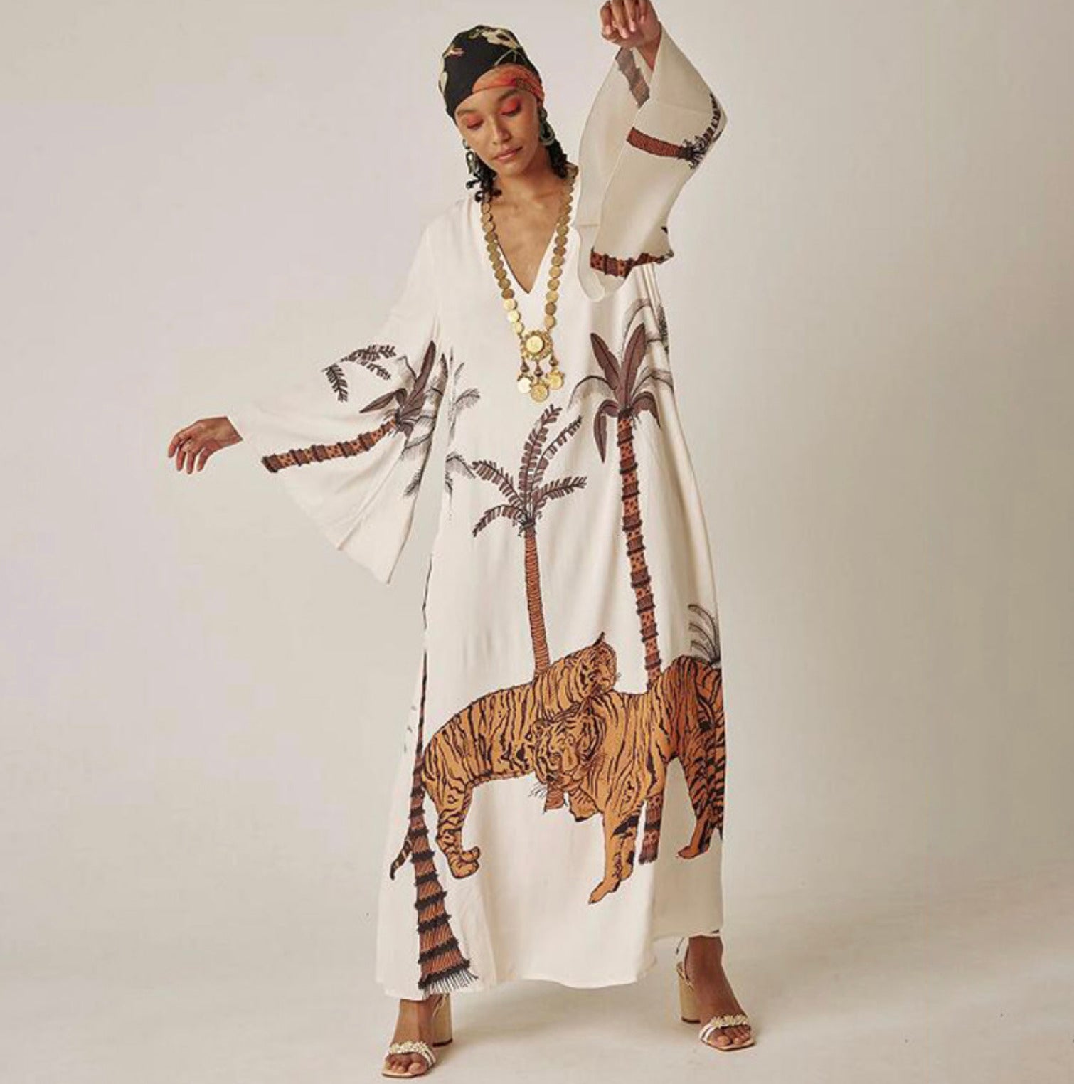 Kimono Robe de Plage Longue Blanc Jungle