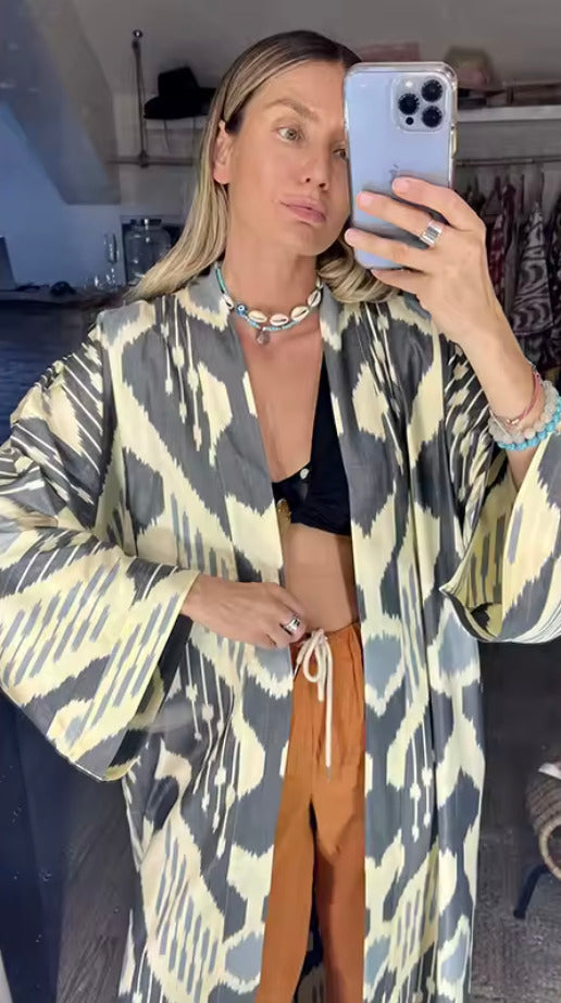 Kimono Robe de Plage Longue Gris Premium