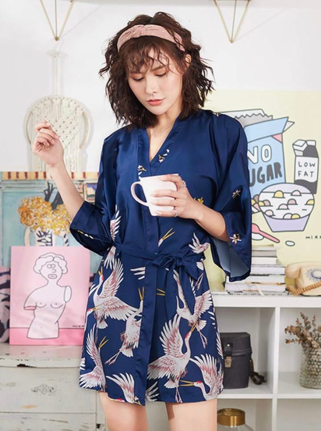 Mini Kimono Robe de nuit d'été Bleu Sombre