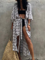 Robe Kimono Tie and Dye Manches Mi-longues Sable Gris
