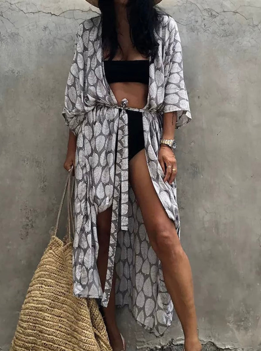 Robe Kimono Tie and Dye Manches Mi-longues Sable Gris