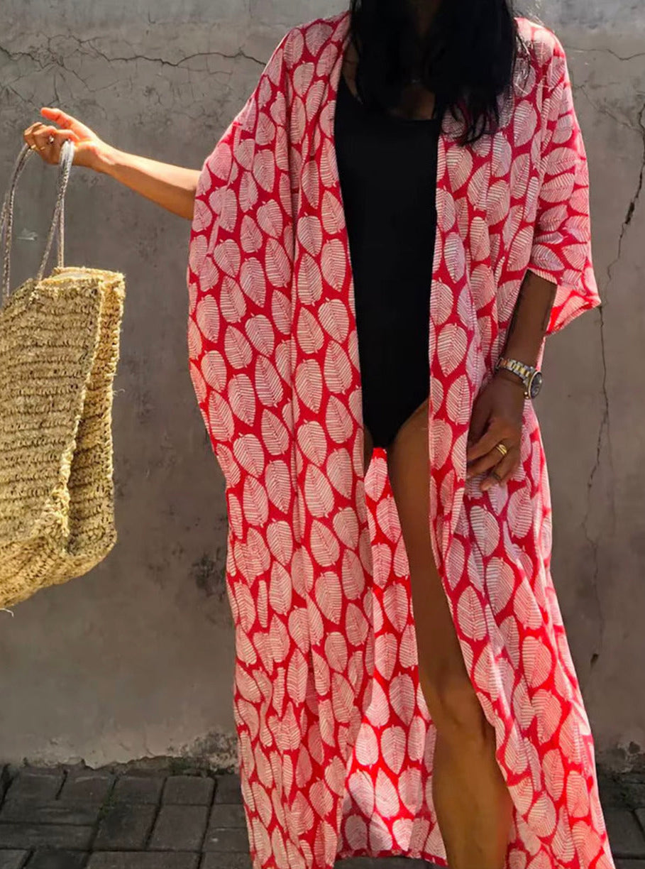 Robe Kimono Tie and Dye Manches Mi-longues Rosé