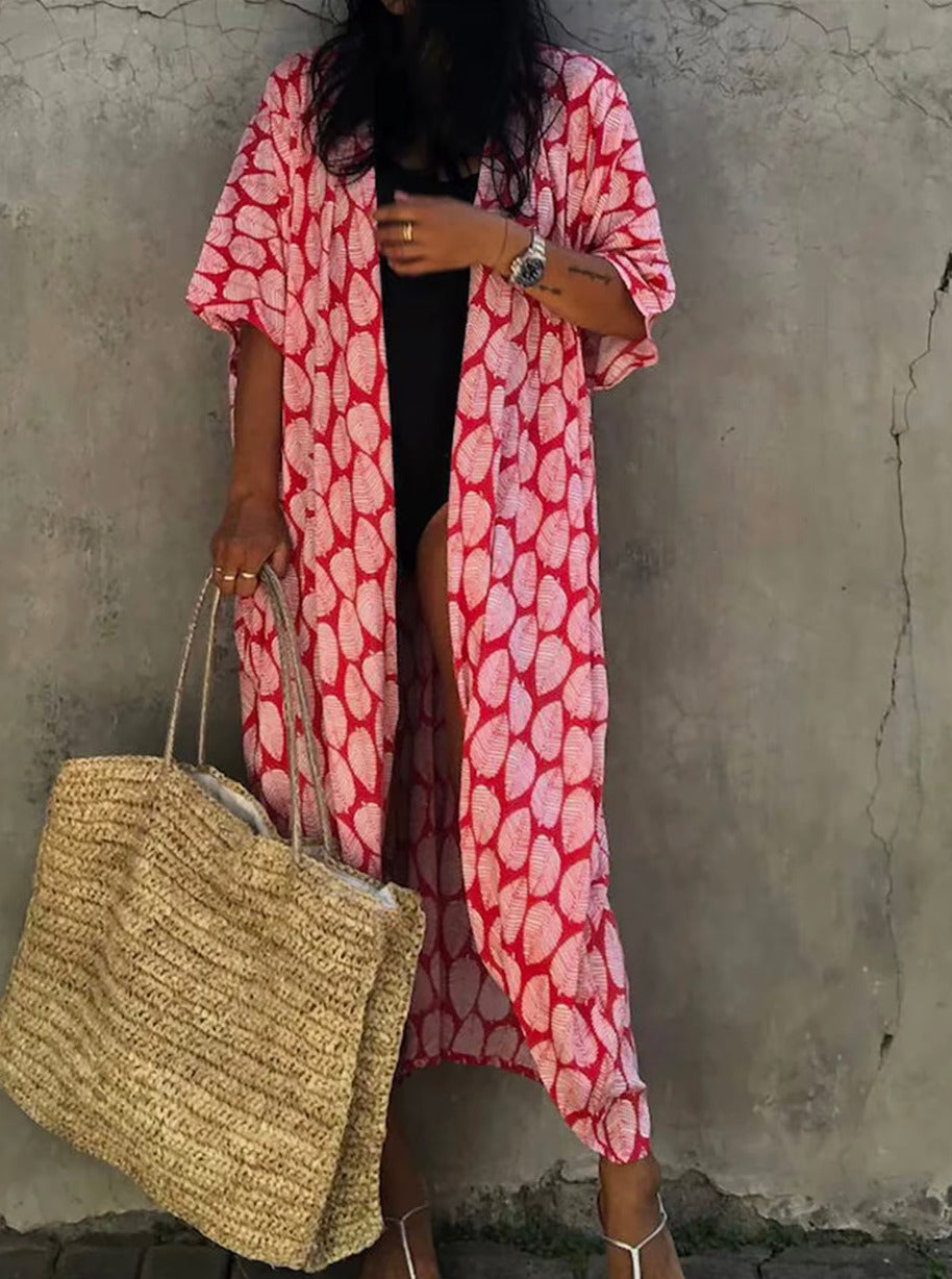 Robe Kimono Tie and Dye Manches Mi-longues Rosé