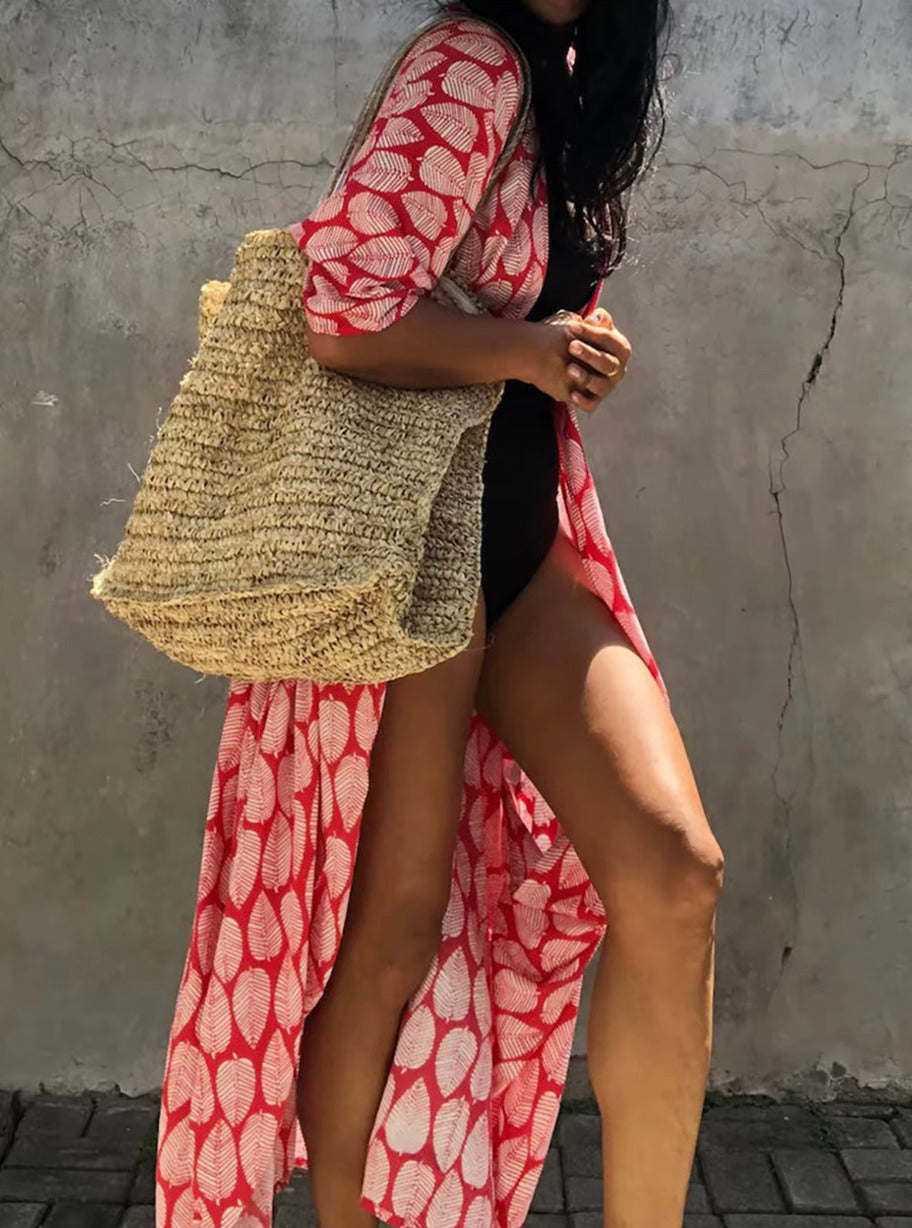 Robe Kimono Tie and Dye Manches Mi-longues Rosé