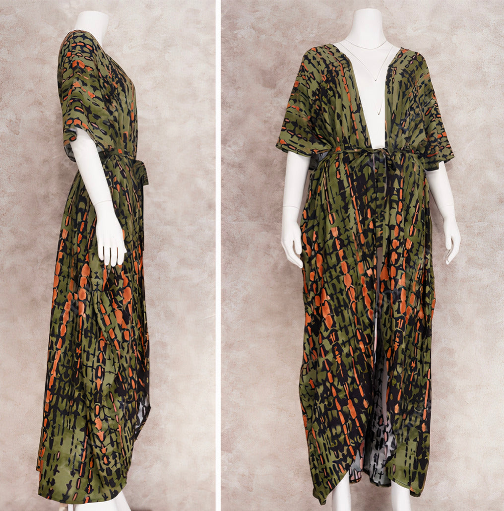 Robe Kimono Tie and Dye Manches Mi-longues vert profond