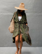 Robe Kimono Tie and Dye Manches Mi-longues vert profond