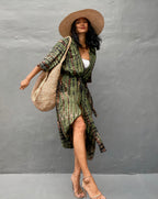 Robe Kimono Tie and Dye Manches Mi-longues vert profond