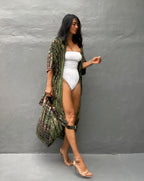 Robe Kimono Tie and Dye Manches Mi-longues vert profond