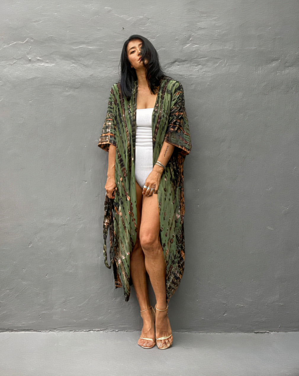 Robe Kimono Tie and Dye Manches Mi-longues vert profond