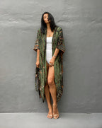 Robe Kimono Tie and Dye Manches Mi-longues vert profond