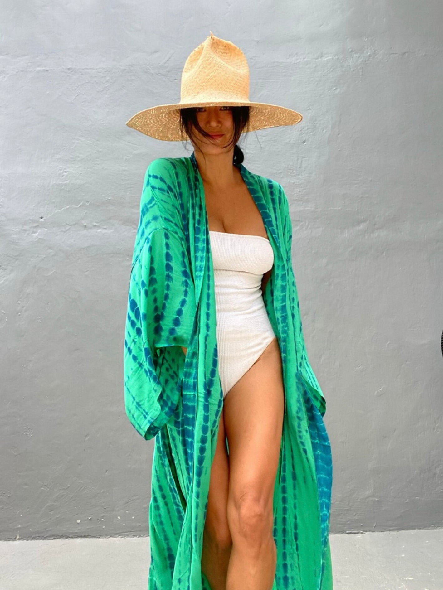 Robe Kimono Tie and Dye Manches Mi-longues Vert jungle