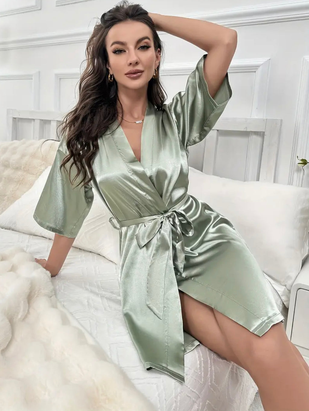 Kimono de nuit en satin Vert Clair