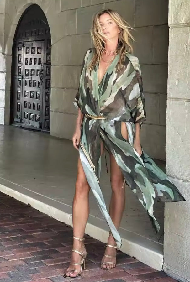 Kimono Robe sexy rayé Vert Premium