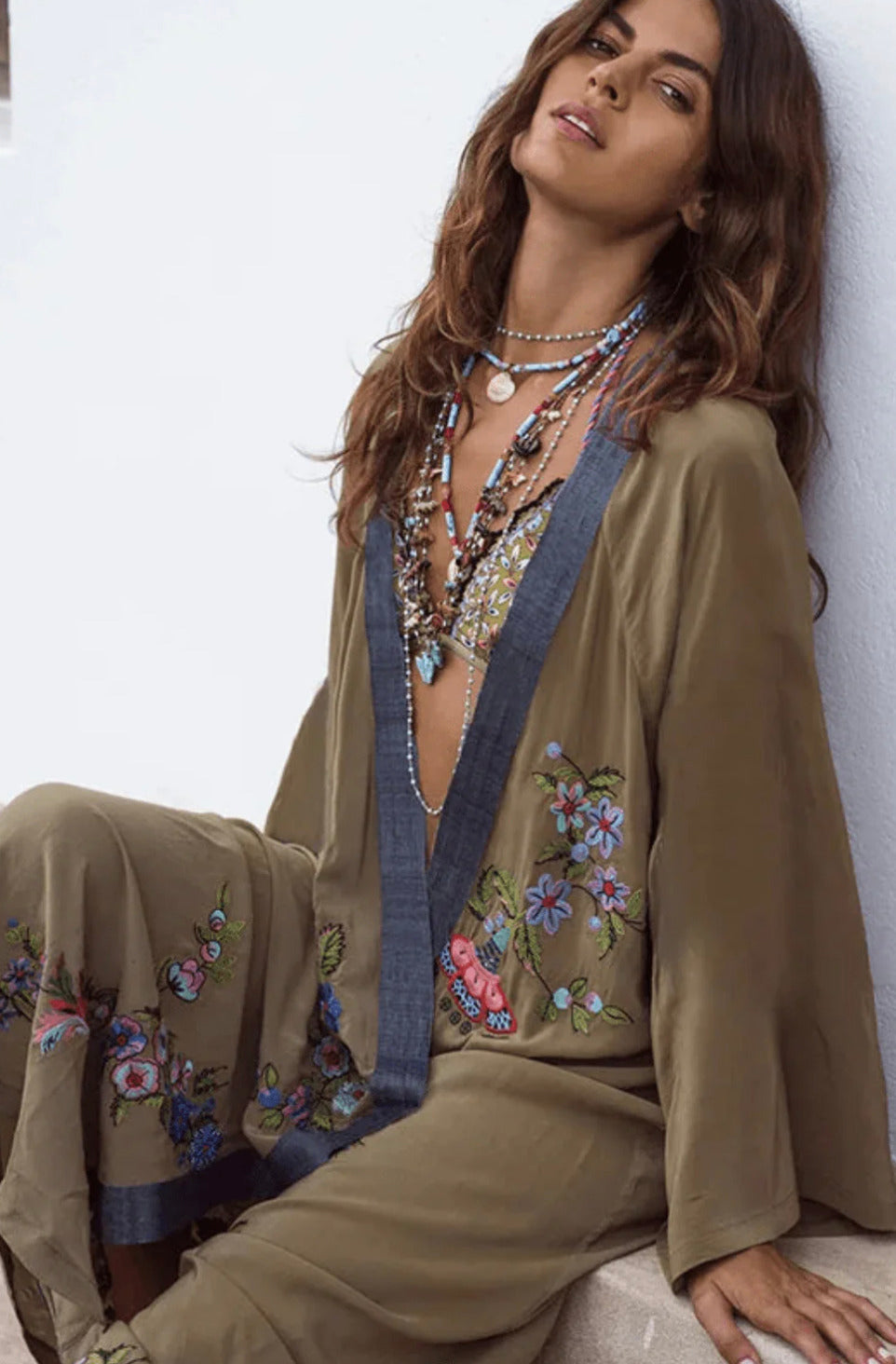 Kimono de plage Verte Fleuri