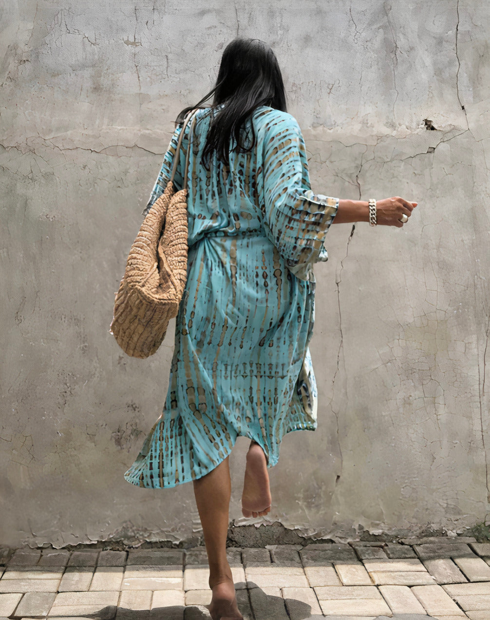 Robe Kimono Tie and Dye Manches Mi-longues Lumière Bleu