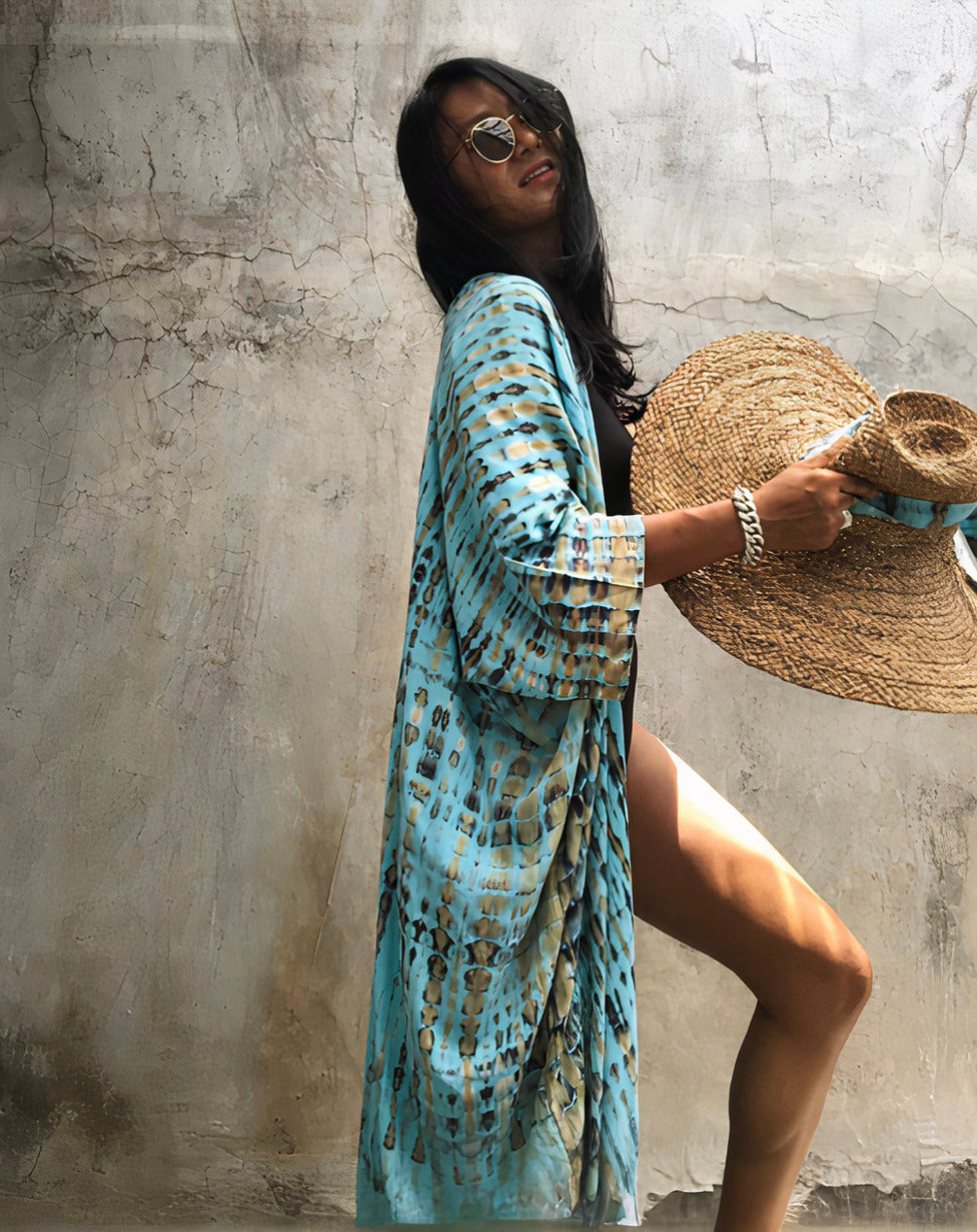 Robe Kimono Tie and Dye Manches Mi-longues Lumière Bleu